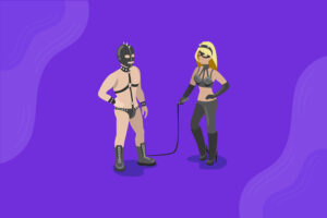 a woman wearing femdom gear and a man in bondage gear