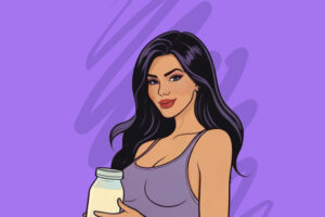 A female domme holding a jar of milk