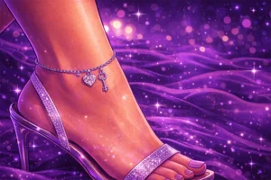 a hotwife anklet on a woman's ankle with her foot in elegant high heels