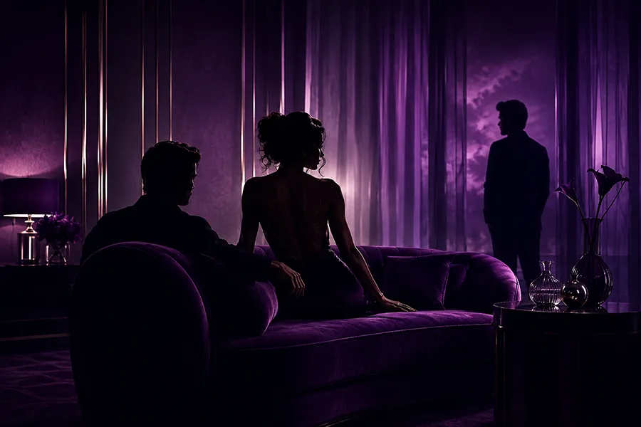 a woman and man sit on a bed while another man watches