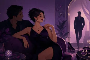 a hotwife sitting on her bull's lap while her husband looks on